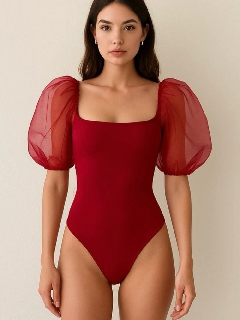 ASTR The Label Maroon Red Puffy Sleeve Bodysuit